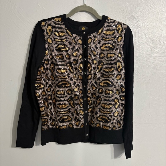 JM Collection Sweaters - JM Collection Black Sequin Leopard Cardigan Sweater Size Medium Animal Print